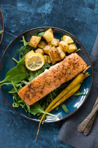 Sheet Pan Maple-Mustard Salmon with Roasted Carrots and Potatoes