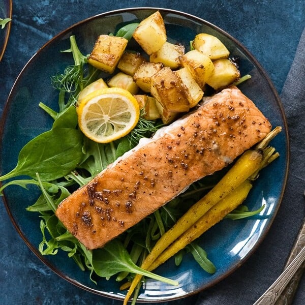 Sheet Pan Maple-Mustard Salmon with Roasted Potatoes and Carrots