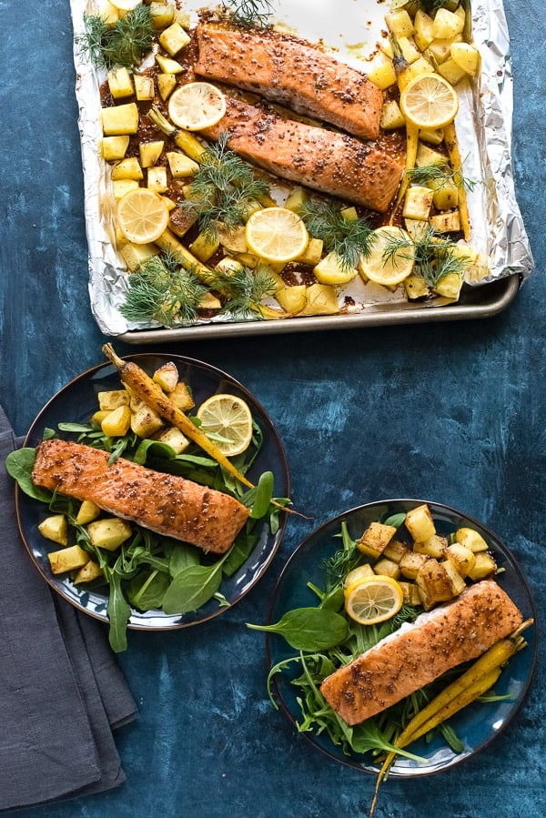 Sheet Pan Maple-Mustard Salmon with Roasted Carrots