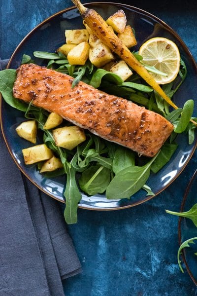 Sheet Pan Maple-Mustard Salmon with Roasted Potatoes and Carrots