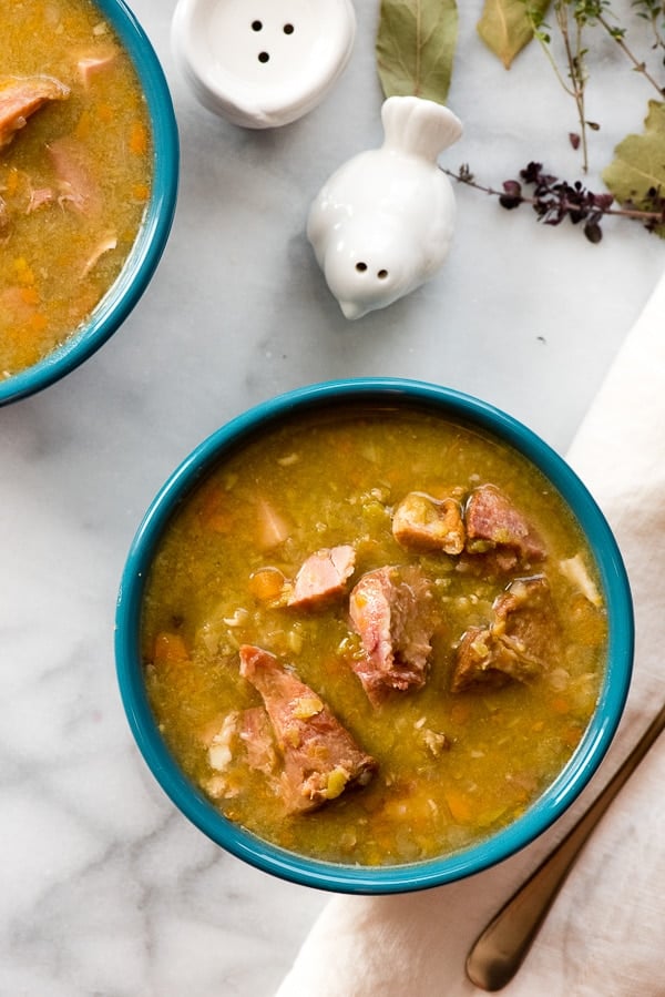 Slow Cooker Split Pea with Ham Soup in blue bowls