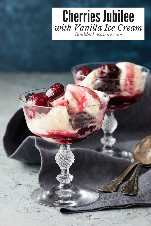 Cherries Jubilee is an easy, elegant recipe perfect to make any occaision special. Flambeed cherries in liqueur on vanilla ice cream. Step by step instructions that are simple and fast! #dessert #cherries #flambe #jubilee #easyrecipe #partyrecipe #glutenfree