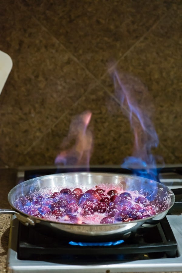 flambeeing cherries in skillet