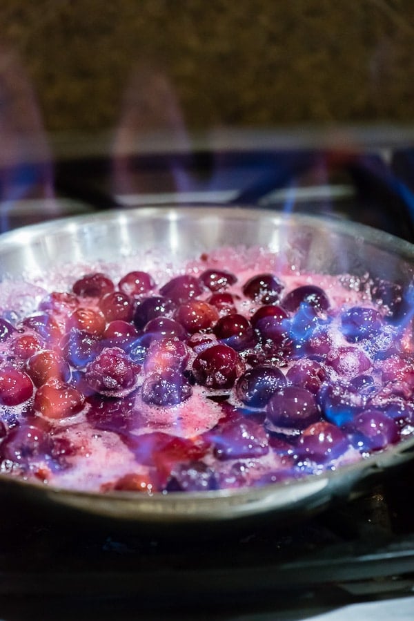 flambeeing cherries in skillet