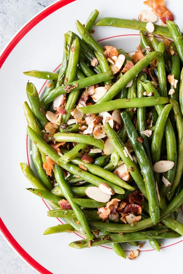 close up of Fresh Green Beans with Bacon and Sliced Almonds