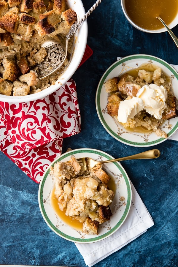 serving of bananas foster bread pudding with butter rum toffee sauce