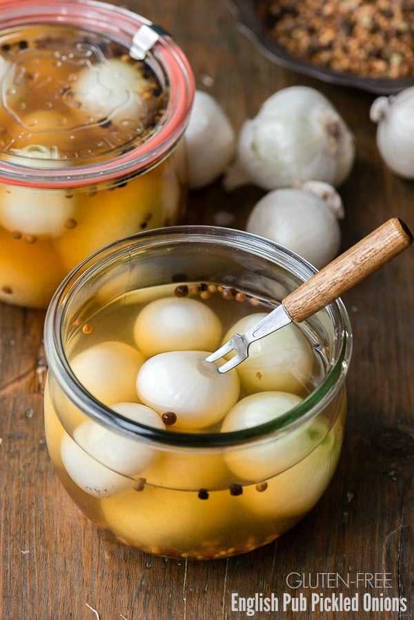 pickled pearl onions in jar with recipe title