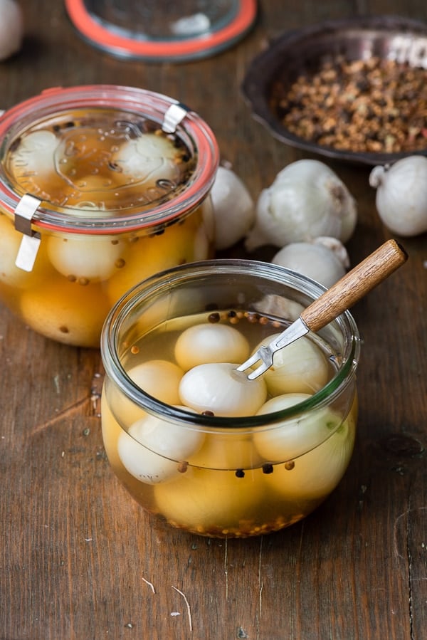 glass jar of pickled pearl onions