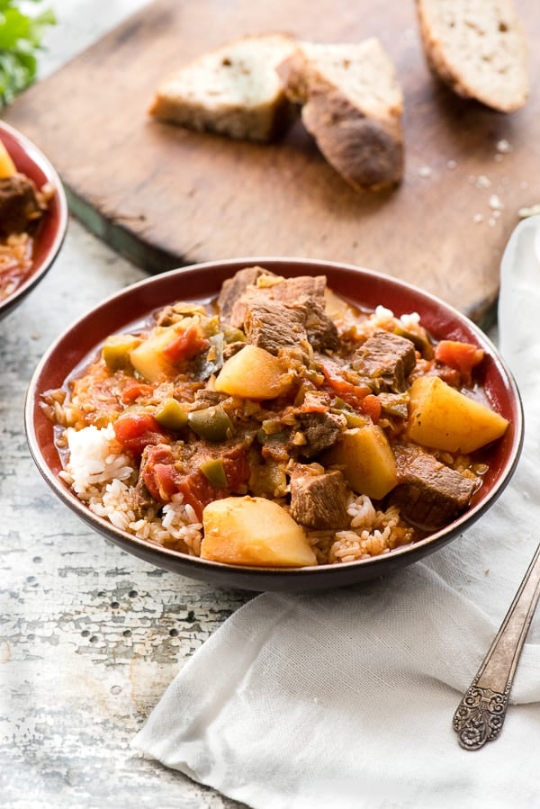 large bowl of Cuban Instant Pot Beef Stew (Carne con Papas) 