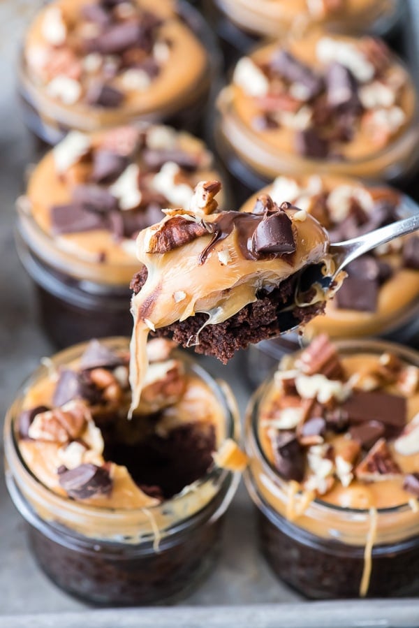 A close up of Chocolate Turtle Brownies in jar