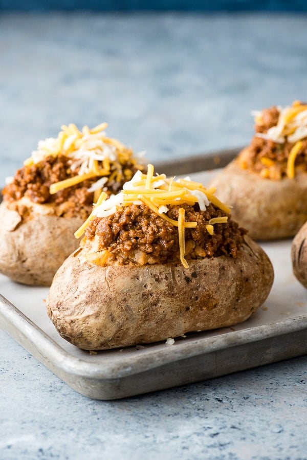 Close up of Taco-Stuffed Baked Potatoes before baking