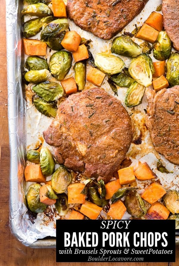 Baked Pork Chops with Brussels Sprouts and Sweet Potatoes