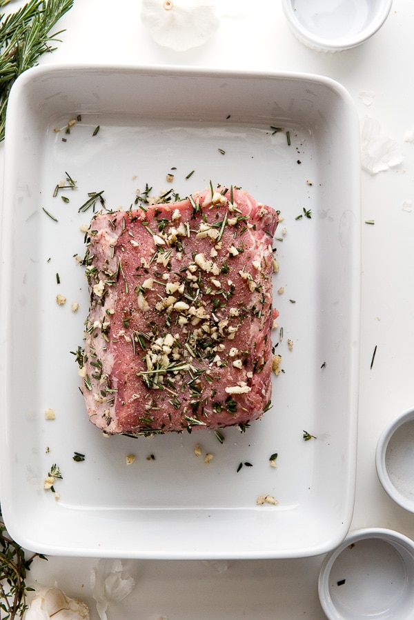 Boneless Pork Loin Roast with Garlic and Herbs in pan