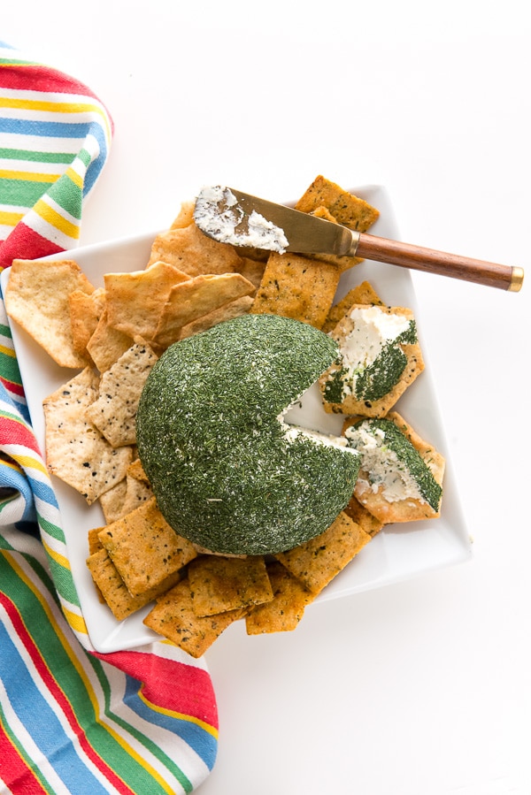 Dill Green Onion Cheese Ball cut with crackers from above