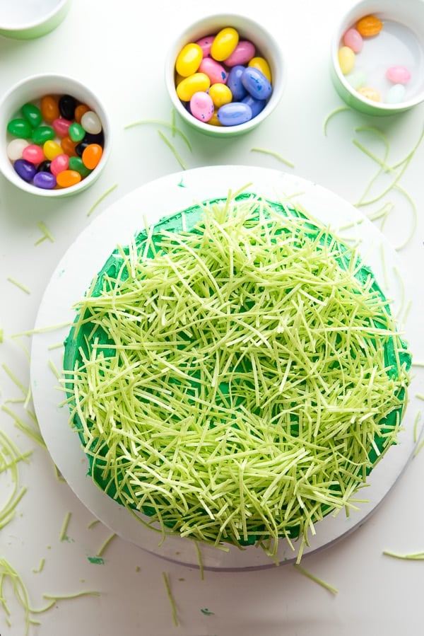edible grass on top of pinata cake