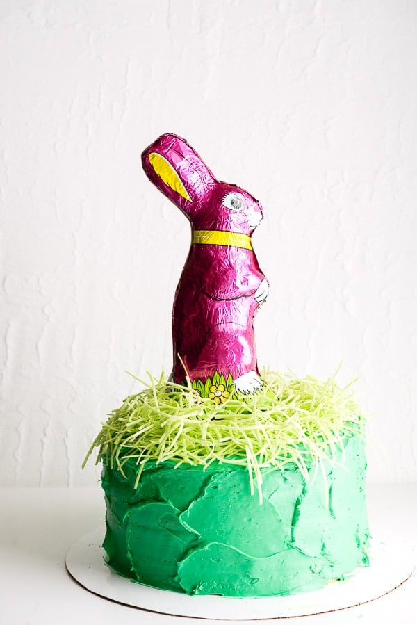 Easter cake with edible grass and chocolate foil bunny