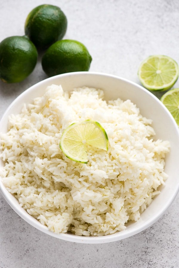 Instant Pot Coconut Lime Jasmine Rice in a white bowl 