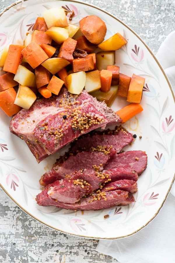 Instant Pot Corned Beef Brisket in Beer with vegetables on a platter