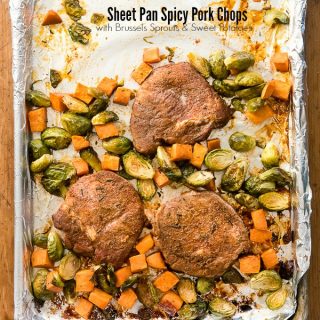 Spicy Baked Pork Chops with Brussels Sprouts & Sweet Potatoes