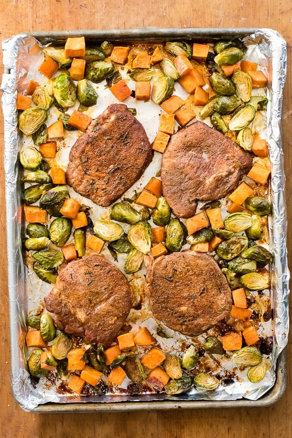 Spicy Pork Chops wtih Brussels Sprouts and Sweet Potatoes on sheet pan