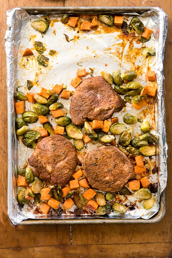 Sheet Pan Spicy Pork Chops wtih Brussels Sprouts and Sweet Potatoes