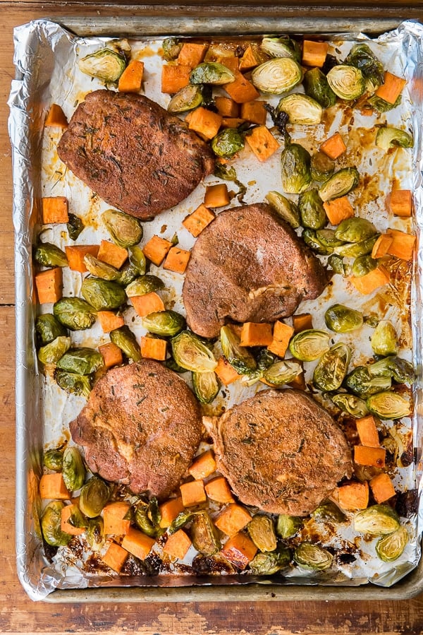 Sheet Pan Spicy Pork Chops wtih Brussels Sprouts and Sweet Potatoes
