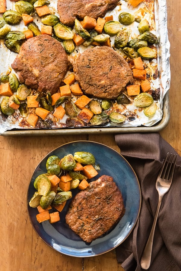 Sheet Pan Spicy Pork Chops wtih Brussels Sprouts and Sweet Potatoes