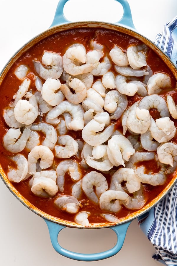 Shrimp Creole recipe cooking (raw shrimp on top of the sauce)
