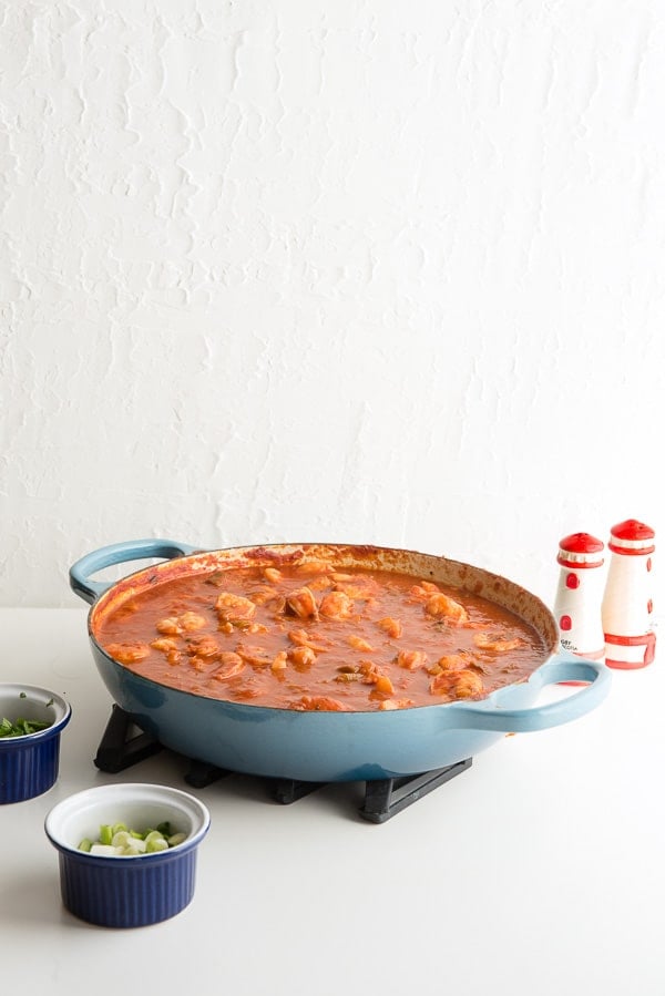 Spicy Shrimp Creole in blue pan