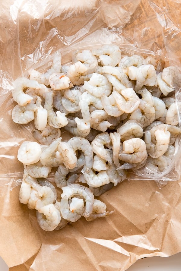 Raw shrimp on butcher paper