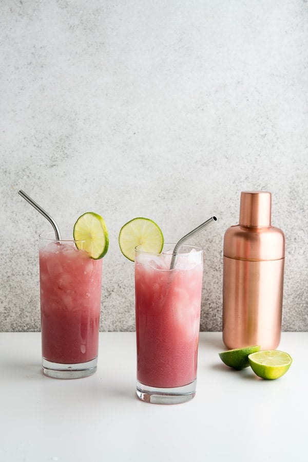 Cape Cod Cooler cocktails with lime garnish, silver metal straws, and bronze metal cocktail shaker