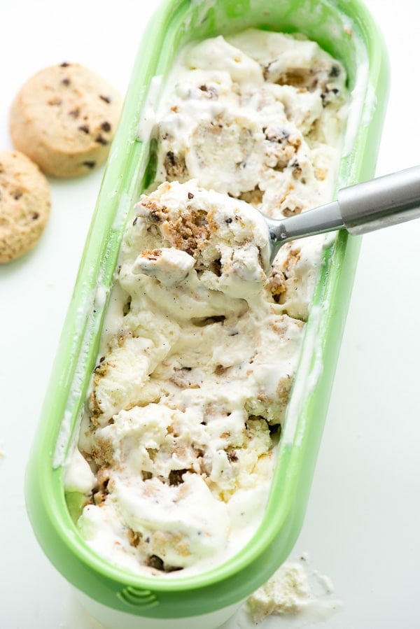 Cookies and Cream Ice Cream in a green container with ice cream scoop