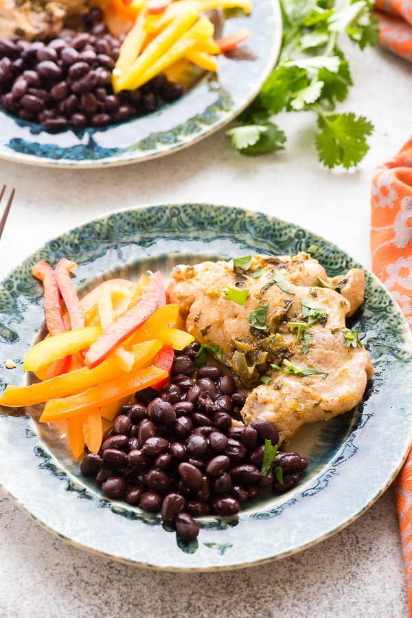 Spicy, tangy, sweet Instant Pot Chili Lime Chicken with black beans and colorful pepper 