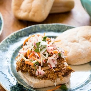 Sweet, tangy Slow Cooker Pulled Pork Sandwiches with Radish Slaw
