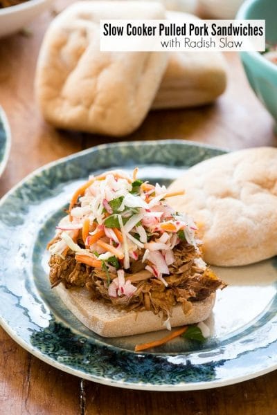 Sweet, tangy Slow Cooker Pulled Pork Sandwiches with Radish Slaw