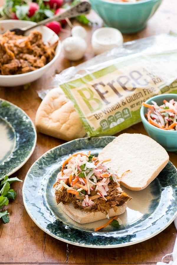 Slow cooker pulled pork sandwiches with radish slaw