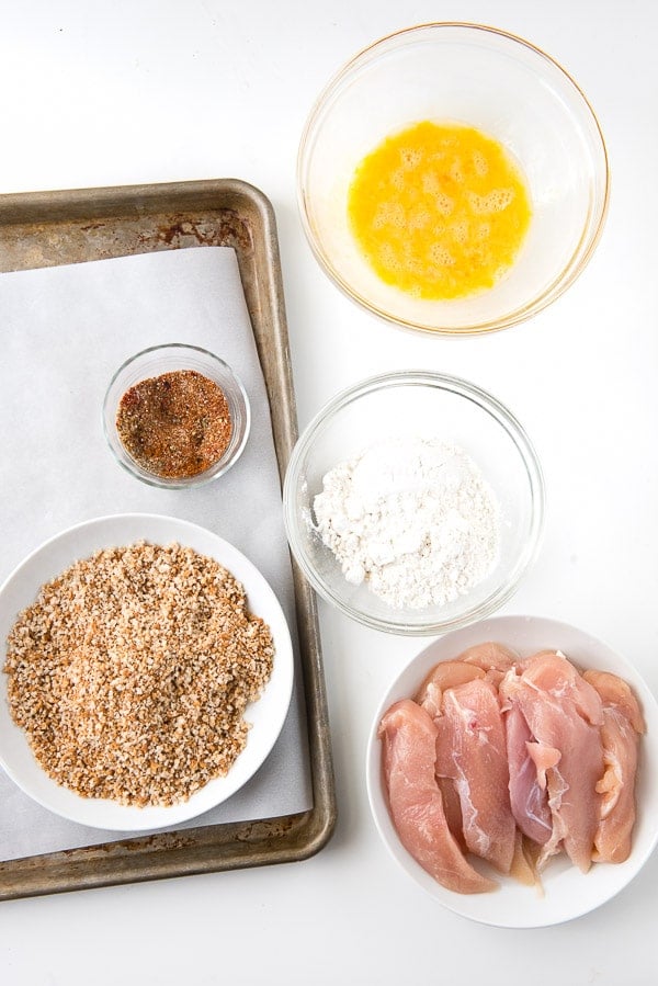 Homemade gluten-free breadcrumbs, homemade taco seasoning, chicken tenderloins