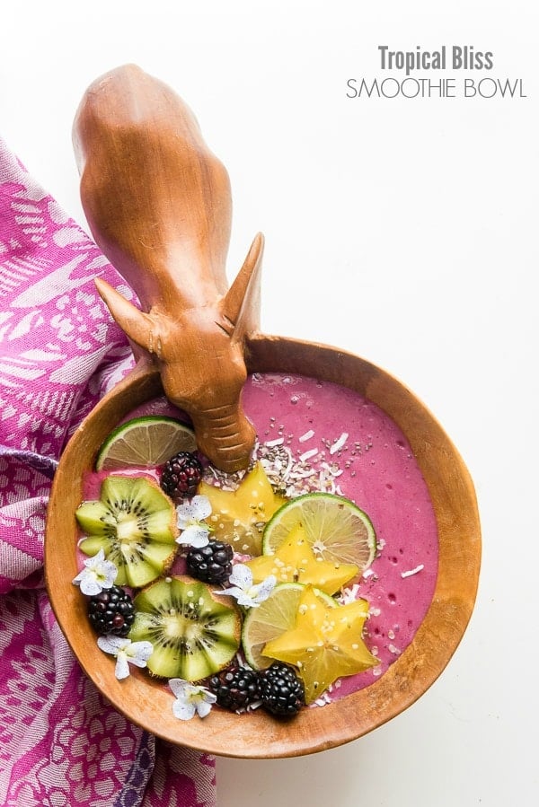 Tropical Bliss Smoothie Bowl with kiwi, blackberries, coconut, star fruit, hemp seed