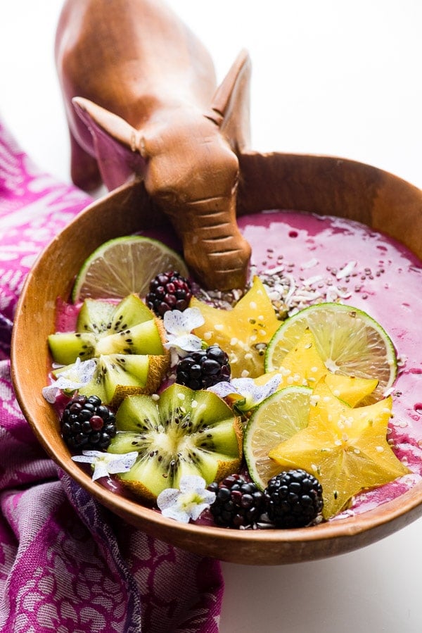 Purple Tropical Bliss Smoothie Bowl with lime slices