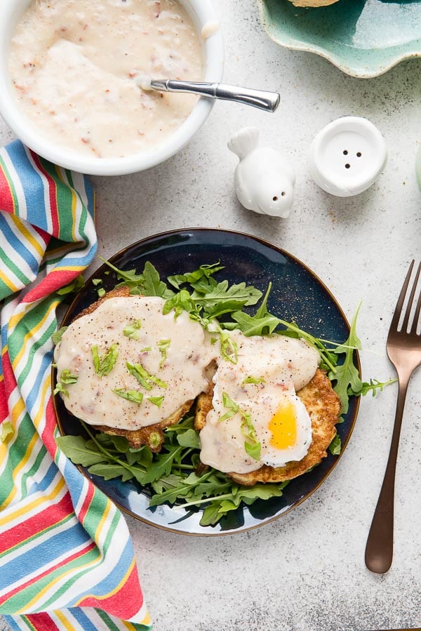 Savory golden-brown gluten-free English Muffin French Toast with creamy Bacon-Maple Gravy