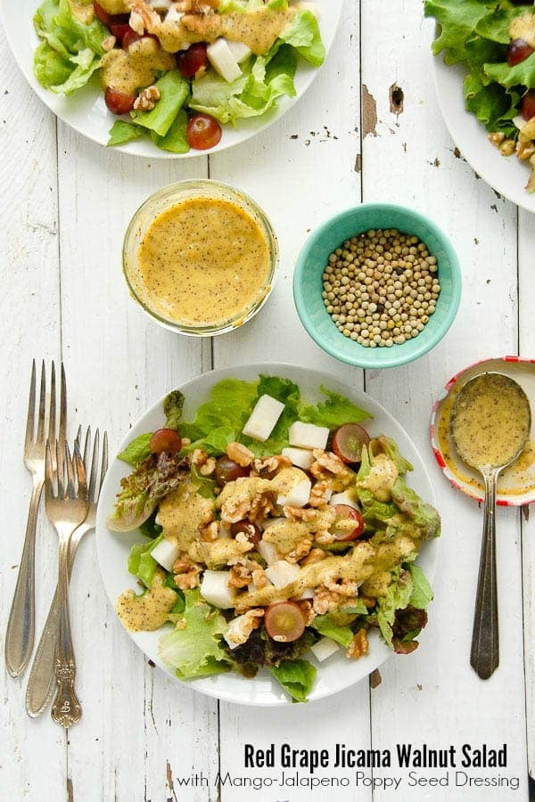 Fresh and crunchy Red Grape Jicama Walnut Salad with Mango-Jalapeno Poppy Seed Dressing