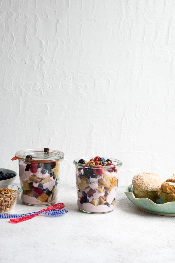 Overnight Lemon Muffin Breakfast Trifles with gluten-free lemon muffins, fresh berries and strawberry yogurt