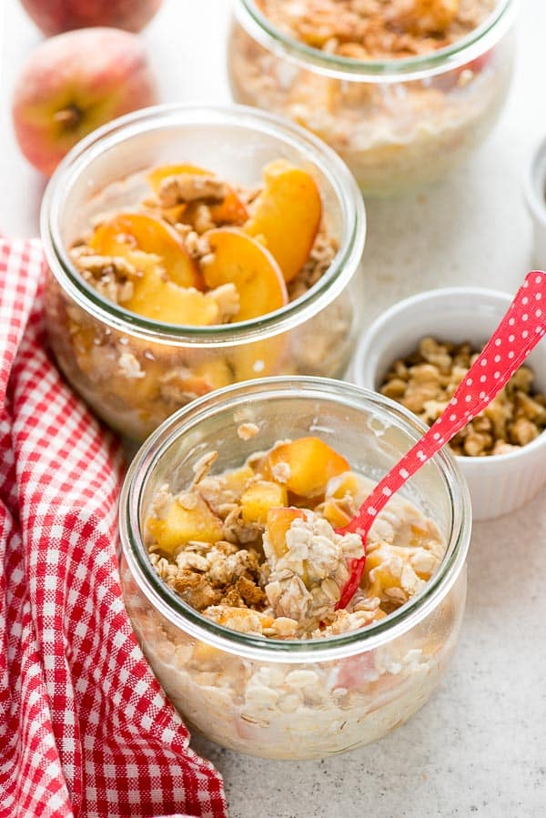 Single serving Peach Pie Overnight Oats with fresh summer peaches