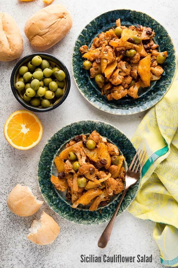 Flavorful Sicilian Cauliflower Salad (vegan) with oranges, green olives, raisins and capers