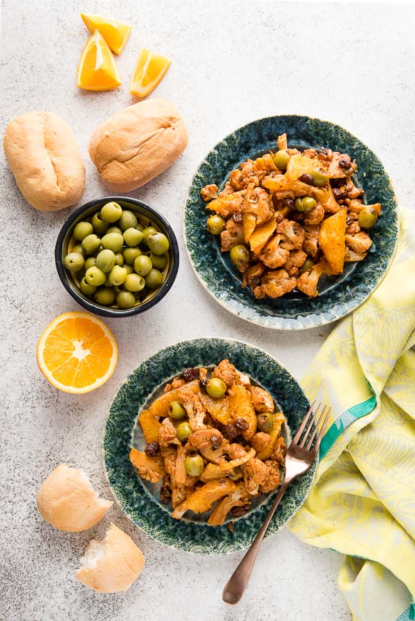 Sicilian Cauliflower Salad with green olives, capers, raisins and oranges 