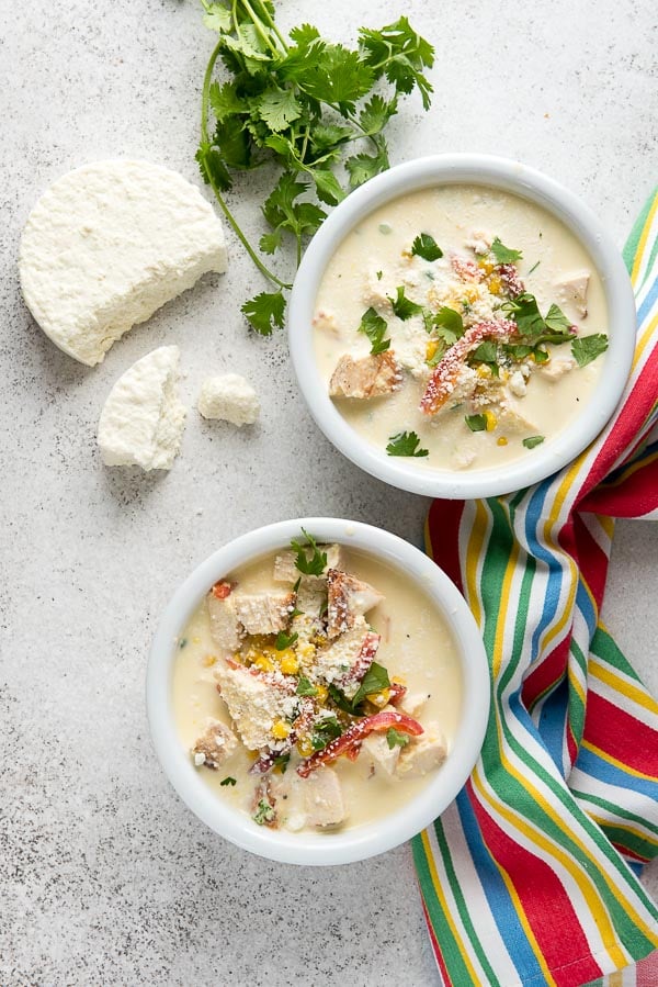 Fast and easy gluten-free Jalapeno Corn Chicken Chowder soup with Mexican cojito cheese, fresh cilantro 