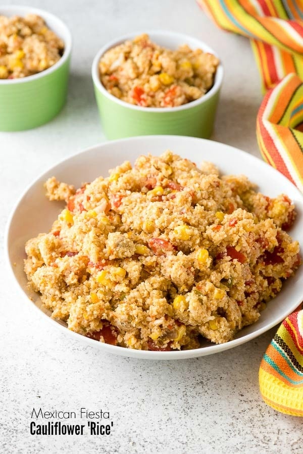 Multiple servings of low-carb spicy Mexican Fiesta Cauliflower Rice 