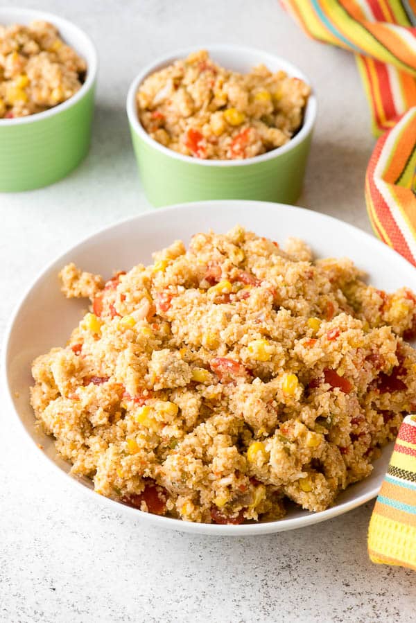 Large white bowl of low-carb Mexican Fiesta Cauliflower Rice 