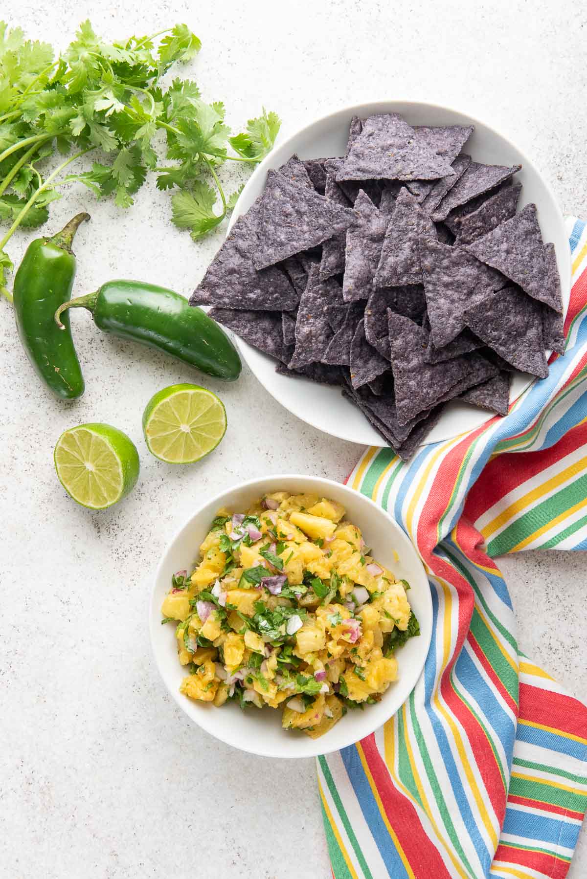 pineapple salsa with chips overhead 