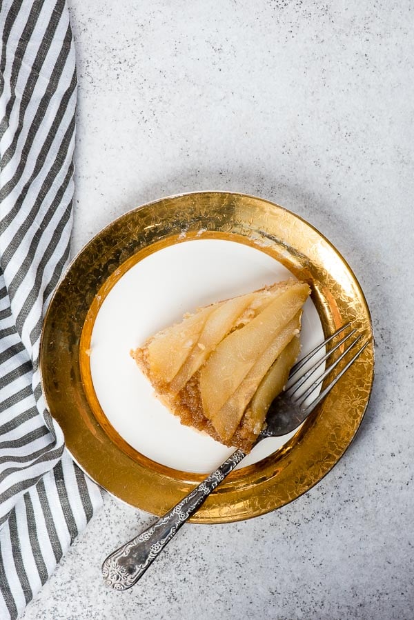 Single slice of Caramelized Pear Upside Down Cake 